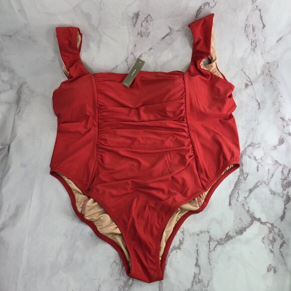 J Crew Swim 24 3X Red One Piece Square Neck Ruched Bikini Coverage - Picture 1 of 14